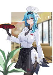 Rule 34 | 1girl, apron, baige0, black apron, black gloves, black hairband, black necktie, black pantyhose, blue hair, blurry, blurry background, breasts, chef, chef hat, eula (genshin impact), eula (pizza hut) (genshin impact), food, genshin impact, gloves, hairband, hat, highres, holding, holding plate, large breasts, long sleeves, looking at viewer, medium hair, necktie, pantyhose, pizza, plate, revision, solo, standing, striped apron, striped clothes, waist apron, white headwear