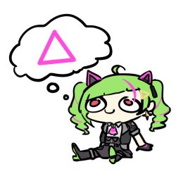 1girl animal_ear_headphones animal_ears ascot black_footwear black_gloves black_jacket black_skirt breasts c: cat_ear_headphones chibi chibi_only closed_mouth collared_shirt commentary delutaya earrings fake_animal_ears gloves green_eyes hair_ornament headphones indie_virtual_youtuber jacket jewelry long_hair looking_up multicolored_hair pink_ascot pink_eyes pink_hair qb_(drawingsomething2015) shirt shoe_soles short_sleeves simple_background sitting skirt smile solo speech_bubble star_(symbol) star_earrings streaked_hair thought_bubble transparent_background triangle triangle_hair_ornament twintails two-tone_hair virtual_youtuber white_shirt