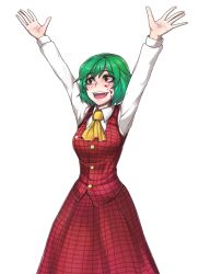 Rule 34 | 1girl, :d, arms up, ascot, blondy (ldlong), blood, blood on face, cowboy shot, eyebrows, fangs, green hair, happy, highres, kazami yuuka, looking to the side, open mouth, outstretched arms, phantasmagoria of flower view, plaid, plaid skirt, plaid vest, red eyes, simple background, skirt, skirt set, smile, solo, touhou, vest, white background