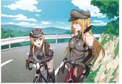 Rule 34 | 10s, anchor hair ornament, aqua eyes, bare shoulders, bicycle, bismarck (kancolle), blonde hair, brown gloves, cross, detached sleeves, gloves, grey legwear, hair ornament, hat, highres, iron cross, kantai collection, kriegsmarine, long hair, low twintails, microskirt, military, military hat, military uniform, mountain, mountain bicycle, nakamori koutarou, peaked cap, prinz eugen (kancolle), road, skirt, twintails, uniform, white gloves