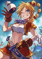 Rule 34 | 1boy, 1girl, alien, bag, bandage on face, bandages, blonde hair, blue eyes, braid, braided ponytail, breasts, brown gloves, chrono cross, cleavage, clenched teeth, commentary, coral, cowboy shot, crop top, dagger, forehead, gloves, hand on own hip, hand up, helmet, highres, kid (chrono cross), knife, looking away, medium breasts, midriff, miniskirt, navel, one eye closed, open mouth, outdoors, rumie, short sleeves, skirt, space helmet, spread legs, teeth, thick eyebrows, thighs, v-shaped eyebrows, weapon