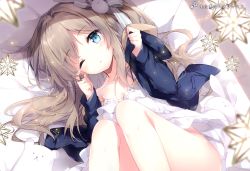 Rule 34 | 1girl, absurdres, bare legs, bed sheet, blue eyes, blue jacket, blurry, blurry foreground, blush, bow, breasts, brown hair, cleavage, collarbone, dress, dutch angle, grey bow, hair bow, hair ornament, hair spread out, hands up, highres, jacket, knees up, light particles, long hair, long sleeves, looking at viewer, lying, mochizuki shiina, no panties, on back, on bed, one eye closed, one side up, open clothes, open jacket, original, parted lips, rabbit hair ornament, rubbing eyes, scan, shadow, sidelocks, solo, spaghetti strap, striped, striped bow, stuffed animal, stuffed rabbit, stuffed toy, teddy bear, thighs, translation request, white bow, white dress