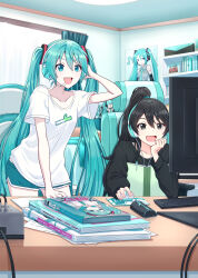 Rule 34 | 2girls, absurdres, alternate costume, arm support, black eyes, black hair, black shirt, book, book stack, bookshelf, commentary, curtains, excited, figure, green eyes, green hair, green shorts, hand on own head, happy, hatsune miku, head rest, headphones, highres, holding, holding book, indoors, itogari, keyboard (computer), long sleeves, master (vocaloid), microphone, monitor, mouse (computer), mousepad (object), multiple girls, open mouth, pencil case, ponytail, poster (object), shirt, shorts, sitting, smile, spring onion print, standing, t-shirt, twintails, upper body, vocaloid, white shirt, window
