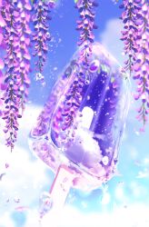 Rule 34 | blue sky, cloud, day, flower, food, food focus, highres, makoron117117, no humans, original, outdoors, popsicle, popsicle stick, scenery, sky, transparent, water drop, wisteria