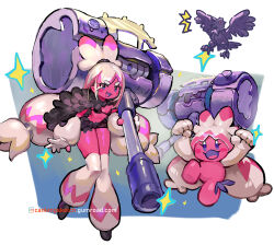 Rule 34 | 2girls, :d, arms up, bikini, bikini top only, black bikini, black footwear, blue eyes, blush stickers, breasts, canking, colored skin, corviknight, creatures (company), detached pants, game freak, gen 8 pokemon, gloves, hammer, holding, holding hammer, long hair, looking at viewer, multicolored hair, multiple girls, nintendo, open mouth, partially fingerless gloves, personification, pink hair, pink skin, pokemon, pokemon (creature), shoes, short eyebrows, small breasts, smile, streaked hair, swimsuit, thick eyebrows, tinkaton, very long hair, watermark, web address, white gloves, white hair