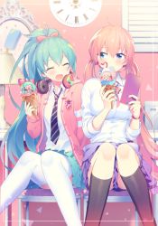Rule 34 | 2girls, after school (module), alternate hairstyle, aqua hair, aqua nails, aqua skirt, black socks, blue eyes, blue nails, blush, bow, bowtie, breasts, cellphone, chair, clock, facing another, feet out of frame, food, food on face, hachune miku, hatsune miku, headphones, headphones around neck, heart, holding, holding food, holding phone, jacket, kneehighs, lamp, light blush, long hair, looking at another, medium breasts, megurine luka, multiple girls, nail polish, necktie, open mouth, phone, pink hair, pink jacket, pleated skirt, ponytail, project diva (series), purple skirt, ribbon girl (module), school uniform, shirt, sinaooo, sitting, skirt, smile, socks, striped bow, striped bowtie, striped clothes, striped neckwear, takoluka, thighhighs, twintails, very long hair, vocaloid, white legwear, white shirt, window