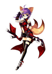 Rule 34 | 10s, 1girl, ahoge, animal ears, arm behind back, belt, blunt bangs, boots, breasts, cleavage, fox (trickster), fox ears, fox tail, full body, glasses, hand up, knife, large breasts, light smile, midriff, navel, purple eyes, purple hair, rimless eyewear, short hair, shorts, simple background, smile, solo, tail, thigh strap, thighhighs, trickster (ntreev soft), white background