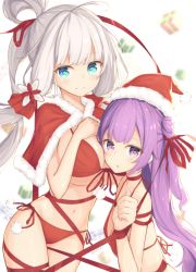 Rule 34 | 2girls, azur lane, bikini, blue eyes, blurry, blurry background, blush, box, breasts, capelet, choker, christmas, closed mouth, commentary, depth of field, front-tie bikini top, front-tie top, fur-trimmed capelet, fur-trimmed headwear, fur trim, gift, gift box, habu., hair bun, hair ornament, hair ribbon, hat, high ponytail, highres, illustrious (azur lane), large breasts, long hair, looking at viewer, looking to the side, mole, mole under eye, multiple girls, navel, one side up, parted lips, pom pom (clothes), ponytail, purple eyes, purple hair, red bikini, red capelet, red choker, red ribbon, ribbon, santa bikini, santa hat, side-tie bikini bottom, side bun, silver hair, single hair bun, single side bun, small breasts, smile, swimsuit, unicorn (azur lane), very long hair, white background