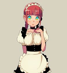 Rule 34 | 1girl, ammonio, arm behind back, blunt bangs, braid, choker, eyelashes, female focus, grey background, looking at viewer, maid, maid headdress, multicolored eyes, red hair, simple background, solo, twin braids, twintails, upper body