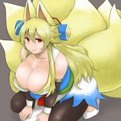 Rule 34 | 1girl, all fours, animal ears, bad id, bad pixiv id, bare shoulders, blonde hair, breasts, cleavage, detached sleeves, fox ears, fox tail, grey background, huge breasts, izuna (shinrabanshou), long hair, looking at viewer, red eyes, shinrabanshou, simple background, smile, solo, soranona (soranosuke), tail