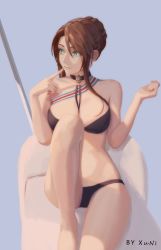 Rule 34 | 1girl, alternate costume, artist name, bare arms, bare legs, bikini, black bikini, blue background, braid, breasts, brown hair, choker, cleavage, collarbone, crown braid, finger to mouth, girls&#039; frontline, green eyes, groin, hand up, highres, knee up, large breasts, lee-enfield (girls&#039; frontline), long hair, looking to the side, sash, sidelocks, sitting, solo, swimsuit, thighs, xu ni