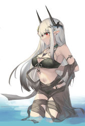 Rule 34 | 1girl, absurdres, arknights, armlet, bare shoulders, bikini, black bikini, black hair, black ribbon, blush, breasts, cleavage, closed mouth, collar, earrings, gradient hair, grey eyes, hair ornament, highres, horns, infection monitor (arknights), jewelry, large breasts, looking away, looking down, material growth, mudrock (arknights), mudrock (silent night) (arknights), multicolored hair, navel, necklace, official alternate costume, oripathy lesion (arknights), pointy ears, polyvora, red hair, ribbon, sarong, see-through, sidelocks, simple background, solo, stomach, striped, swimsuit, vertical stripes, wading, water, white background
