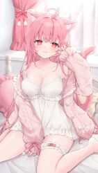 Rule 34 | 1girl, ahoge, animal ear fluff, animal ears, bare shoulders, blush, breasts, cat ears, cat girl, cat tail, cleavage, closed mouth, collarbone, curtains, dress, frills, highres, indie virtual youtuber, indoors, koito amuno, large breasts, long hair, long sleeves, looking at viewer, medium breasts, on bed, open clothes, pillow, pink hair, red eyes, shano hiyori, sitting, smile, solo, tail, virtual youtuber, wariza, white dress