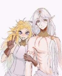 Rule 34 | 1boy, 1girl, arm tattoo, blonde hair, blush, chest tattoo, dungeon meshi, elf, fleki, gloves, gorget, grabbing another&#039;s arm, green eyes, grey hair, hair around ear, hair tubes, highres, holding another&#039;s arm, long hair, low twintails, lycion, notched ear, pointy ears, purple eyes, simple background, sleeveless, sngmyqng2, tattoo, topless male, tunic, twintails, v, white background