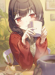 Rule 34 | 1girl, 1other, black hair, blush, braid, cardigan, coffee, cup, highres, holding, holding cup, idolmaster, idolmaster shiny colors, indoors, long sleeves, looking at viewer, morino rinze, pov, pov hands, red cardigan, red eyes, smile, solo focus, soriya, steam, twin braids