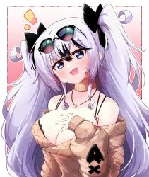 Rule 34 | 1girl, :d, azur lane, bare shoulders, black bra, black hair, black ribbon, blush, bra, bra peek, bra strap, breasts, brown collar, brown sweater, cleavage, collar, commentary request, earrings, elbe (azur lane), elbe (pure-hearted bad girl) (azur lane), eyewear on head, fang, hair between eyes, hair ribbon, hand on own chest, hand up, head tilt, jewelry, kado (hametunoasioto), lace, lace-trimmed bra, lace trim, large breasts, long hair, long sleeves, looking at viewer, multicolored hair, necklace, notice lines, off-shoulder sweater, off shoulder, official alternate costume, open mouth, partial commentary, purple eyes, ribbon, sidelocks, skin fang, smile, solo, standing, streaked hair, sunglasses, sweater, underwear, upper body, white hair
