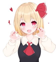 Rule 34 | 1girl, :d, ascot, black dress, blonde hair, blush, breasts, claw pose, collared shirt, commentary request, don (tiruchoco41), dress, fang, frilled shirt collar, frills, hair ribbon, hands up, heart, highres, long sleeves, looking at viewer, nail polish, open mouth, puffy long sleeves, puffy sleeves, red ascot, red eyes, red nails, red ribbon, ribbon, rumia, shirt, sleeveless, sleeveless dress, small breasts, smile, solo, touhou, upper body