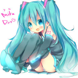 Rule 34 | 1girl, 39, aqua eyes, aqua hair, bad id, bad pixiv id, boots, character name, detached sleeves, hatsune miku, heart, heart-shaped pupils, hugging own legs, long hair, looking at viewer, necktie, open mouth, panties, pantyshot, simple background, sitting, skirt, solo, striped clothes, striped panties, symbol-shaped pupils, thigh boots, thighhighs, twintails, underwear, upskirt, very long hair, vocaloid, white background, yuuma (yuma1111)