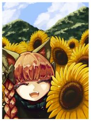 Rule 34 | 1girl, absurdres, animal ears, black bow, blue sky, blunt bangs, bow, braid, cat ears, cat girl, closed eyes, cloud, facing viewer, fang, field, flower, flower field, hair bow, highres, kaenbyou rin, miso konbu, mountain, open mouth, outdoors, red eyes, red hair, side braid, sky, solo, sunflower, touhou, upper body