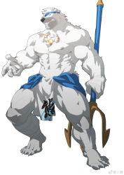 Rule 34 | 1boy, bandaid, bandaid on face, bandaid on nose, bara, bear boy, ben (rollingstonex6), blue headband, frown, full body, furry, furry male, headband, highres, holding, holding polearm, holding weapon, jewelry, large pectorals, looking ahead, male focus, mature male, muscular, muscular male, necklace, original, pectorals, pelvic curtain, polearm, rollingstonex6, serious, shell, shell necklace, short hair, solo, standing, thick eyebrows, trident, weapon, white fur, white hair