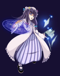Rule 34 | 1girl, artist request, blue background, book, bow, crescent, crescent pin, female focus, full body, hat, hexagram, long hair, looking at viewer, magic, magic circle, mary janes, mob cap, moon, patchouli knowledge, purple background, purple eyes, purple hair, ribbon, shoes, simple background, solo, standing, striped, symbol, touhou, vertical stripes