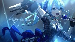 Rule 34 | 1girl, :d, black gloves, blue bow, blue eyes, blue hair, blue neckwear, bow, collared shirt, dated, gloves, grey jacket, grey skirt, hair between eyes, hair bow, happy birthday, highres, holding, holding microphone, hololive, hoshimachi suisei, hoshimachi suisei (1st costume), jacket, long hair, long sleeves, microphone, misaki nonaka, open mouth, outstretched arm, partially fingerless gloves, plaid, plaid jacket, plaid skirt, shirt, side ponytail, skirt, smile, solo, sparkle, striped, striped bow, very long hair, virtual youtuber, white shirt