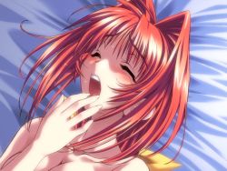 Rule 34 | 1girl, 5pb., bed sheet, blush, bou (inubou), bow, breasts, closed eyes, dutch angle, female focus, game cg, hair bow, hair intakes, hand to own mouth, implied sex, invisible penis, kagami sumika, long hair, lying, moaning, muv-luv, muv-luv alternative, nude, on back, on bed, open mouth, orgasm, portrait, red hair, solo, topless frame