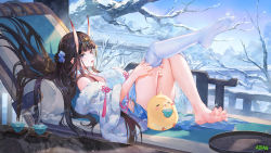 Rule 34 | 1girl, atdan, azur lane, bare shoulders, black hair, dress, feet, from side, fur trim, highres, horns, knees up, leg up, long hair, looking at viewer, looking to the side, manjuu (azur lane), noshiro (azur lane), off shoulder, official alternate costume, oni horns, open mouth, purple eyes, short dress, single thighhigh, sleeveless, sleeveless dress, smile, solo, thighhighs, thighs, very long hair, white dress, white thighhighs