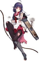 Rule 34 | 1girl, ahoge, arrow (projectile), bow (weapon), flight deck, floral print, full body, gloves, hair flaps, hairband, hakama, haori, japanese clothes, kantai collection, kujou ichiso, low twintails, muneate, official art, partially fingerless gloves, partly fingerless gloves, quiver, ryuuhou (kancolle), ryuuhou kai ni (kancolle), school uniform, serafuku, taigei (kancolle), torn clothes, torn hakama, torn legwear, transparent background, twintails, weapon, whale, yugake