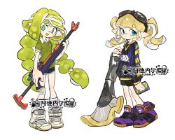 Rule 34 | 2girls, :d, aqua eyes, bandaid, bandaid on knee, bandaid on leg, black shorts, blonde hair, closed mouth, commentary request, full body, goggles, goggles on head, green hair, green shirt, gun, high tops, highres, holding, holding gun, holding paintbrush, holding weapon, inkling girl, inkling player character, long hair, low-tied long hair, medium hair, multiple girls, nintendo, open mouth, orange footwear, painbrush (splatoon), paintbrush, pointy ears, purple footwear, shirt, shoes, short shorts, shorts, simple background, smile, sneakers, soccer uniform, splat charger (splatoon), splatoon (series), splatoon 3, sportswear, standing, tentacle hair, thick eyebrows, translation request, twintails, two-tone footwear, very long hair, visor cap, watermark, weapon, white background, white footwear, white headwear, www planet, yellow pupils