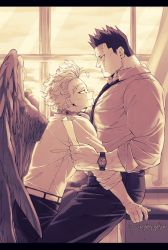 Rule 34 | 2boys, boku no hero academia, couple, endeavor (boku no hero academia), eye contact, facial hair, feathered wings, feet out of frame, greyscale, hawks (boku no hero academia), highres, large pectorals, leaning back, looking at another, male focus, mature male, monochrome, multiple boys, muscular, muscular male, necktie, pectorals, popo take, scar, scar across eye, scar on face, short hair, sideburns, smile, spiked hair, spoilers, stubble, veins, watch, wings, wristwatch, yaoi