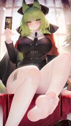 Rule 34 | 1girl, absurdres, animal ears, arknights, binggong asylum, black bow, black cape, black necktie, black vest, blush, bow, breasts, buttons, cape, cat ears, collared shirt, extra ears, feet, foot out of frame, foot up, green eyes, green hair, hair bow, hand up, harmonie (arknights), harmonie (invitation) (arknights), headhunting permit (arknights), highres, holding, indoors, large breasts, layered sleeves, long hair, long sleeves, looking at viewer, necktie, no shoes, pantyhose, plant, potted plant, revision, see-through, shirt, sitting, soles, solo, thighs, toes, vest, wet, wet clothes, white pantyhose, white shirt, window