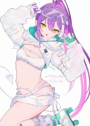 Rule 34 | 1girl, aqua gloves, arms up, bandaid, belt, braid, braided bangs, breasts, buckle, character name, chest belt, claw pose, cleavage, cowboy shot, demon wings, ear piercing, gloves, goggles, goggles on head, green eyes, grey socks, hair between eyes, hashtag, high ponytail, highres, hololive, hood, hood down, looking at viewer, loose socks, m.biquet, multicolored hair, multiple belts, navel, navel piercing, official alternate costume, open mouth, piercing, puffy sleeves, purple hair, roller skates, short shorts, shorts, shrug (clothing), simple background, skates, small breasts, snap-fit buckle, socks, solo, strapless, streaked hair, tail, tokoyami towa, tokoyami towa (5th costume), tube top, two-sided gloves, virtual youtuber, white background, white gloves, white hair, white shorts, white shrug, white tail, white tube top, wings