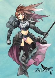 Rule 34 | 1girl, armor, black thighhighs, boots, brown hair, faulds, gauntlets, greaves, highres, long hair, midriff, navel, panties, pauldrons, pink panties, pixiv fantasia, pixiv fantasia 5, polearm, ryuudaisuki, shoulder armor, solo, thighhighs, underwear, weapon