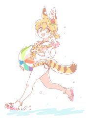 Rule 34 | 10s, 1girl, :3, :d, alternate costume, alternate hairstyle, animal ears, anklet, ball, bare arms, bare legs, bare shoulders, beachball, bikini, blonde hair, blush, bracelet, commentary, extra ears, flower, from side, hair flower, hair ornament, hand up, holding, holding ball, jewelry, kemono friends, kemono friends festival, looking at viewer, looking to the side, mitsumoto jouji, multicolored hair, open mouth, paw pose, ponytail, print bikini, sandals, scrunchie, serval (kemono friends), serval print, serval tail, short hair, short ponytail, simple background, smile, solo, swimsuit, tail, water, white background, wrist scrunchie, yellow bikini, yellow eyes