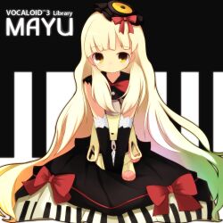 Rule 34 | 1girl, black gloves, blonde hair, bow, dress, elbow gloves, english text, gloves, hair bow, hands on lap, hat, highres, holding, holding stuffed toy, lolita fashion, long hair, mayu (vocaloid), meranoreuka (naokentak), mini hat, necktie, piano keys, piano print, red bow, red necktie, shy, sleeveless, sleeveless dress, smile, solo, stuffed animal, stuffed toy, vocaloid, yellow eyes