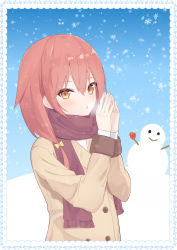 Rule 34 | 1girl, absurdres, blush, bow, breath, breathing on hands, brown eyes, brown hair, brown jacket, brown scarf, commentary request, fringe trim, hair between eyes, hair bow, hair over shoulder, hands up, highres, jacket, long hair, long sleeves, looking at viewer, original, parted lips, roido (taniko-t-1218), scarf, snow, snowflakes, snowing, snowman, solo, upper body, winter, yellow bow