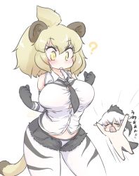 Rule 34 | 2girls, ?, aardwolf (kemono friends), aardwolf (kemono friends) (cosplay), aardwolf print, animal ears, bare shoulders, big hair, black hair, black neckwear, black shorts, blonde hair, blush, borrowed clothes, breasts, buttons, cat girl, chibi, closed eyes, commentary request, cosplay, cutoffs, elbow gloves, facing another, fang, gloves, hair between eyes, hands up, highres, jumping, kemono friends, large breasts, lion (kemono friends), lion ears, lion girl, lion tail, looking down, midriff peek, motion lines, multicolored hair, multiple girls, necktie, nose blush, nude, open clothes, open fly, open mouth, open shorts, pantyhose, pantyhose under shorts, print gloves, print legwear, print shirt, shirt, short shorts, shorts, sleeveless, sleeveless shirt, stomach, tail, tearing up, two-tone hair, uho (uhoyoshi-o), unbuttoned, undersized clothes, white hair, wing collar, yellow eyes