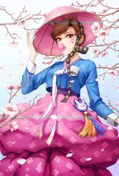 Rule 34 | 1girl, alternate hairstyle, bad id, bad twitter id, braid, branch, brown eyes, brown hair, blowing bubbles, cherry blossoms, chewing gum, cowboy shot, d.va (overwatch), day, eyeliner, facepaint, facial mark, fingernails, floral print, flower, french braid, hair bun, hanbok, hand on headwear, hat, highres, jeonmo, korean clothes, lips, long fingernails, long sleeves, looking at viewer, makeup, mascara, multicolored stripes, nail polish, nose, official alternate costume, outdoors, overwatch, overwatch 1, palanquin d.va, parted lips, petals, pink lips, pink nails, pink skirt, ribbon, short hair, single hair bun, skirt, solo, standing, striped, striped sleeves, tassel, teeth, upper body, upper teeth only, whisker markings, white ribbon, zerozero