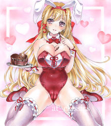 Rule 34 | 1girl, animal ears, artist name, at classics, bare shoulders, blonde hair, blush, bow, bowtie, breasts, cake, cameltoe, chocolate, chocolate cake, chocolate on body, chocolate on breasts, cleavage, cleft of venus, detached collar, fake animal ears, food, food on body, heart, high heels, holding, holding tray, large breasts, leotard, long hair, looking at viewer, original, playboy bunny, purple eyes, purple thighhighs, rabbit ears, red bow, red bowtie, red leotard, sample watermark, sidelocks, sitting, solo, thighhighs, traditional media, tray, very long hair, wariza, watermark, wrist cuffs