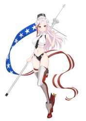 Rule 34 | 1girl, absurdres, american flag, black necktie, black panties, breasts, flagpole, full body, highres, holding, holding pole, kantai collection, large breasts, long hair, looking at viewer, massachusetts (kancolle), multicolored hair, navel, necktie, neve (morris-minicooper), panties, pink hair, pole, red eyes, red hair, shirt, sleeveless, sleeveless shirt, solo, star (symbol), streaked hair, underwear, white shirt