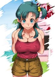 Rule 34 | 1girl, :&gt;, bare shoulders, blue eyes, blush, breast suppress, breasts, breasts squeezed together, bulma, cargo shorts, censored, cleavage, clenched teeth, closed mouth, covered erect nipples, cowboy shot, day, dragon ball, dragon ball (classic), facing viewer, feet out of frame, female focus, grabbing own breast, green hair, grin, groin, hair bobbles, hair ornament, hands on own chest, hands up, happy, highres, kame house, large areolae, legs, long hair, looking at viewer, medium breasts, naughty face, navel, nipples, no bra, nude, outdoors, puffy areolae, pussy, sakuradou, short shorts, shorts, side ponytail, sky, smile, solo, standing, strapless, teeth, thighs, tube top