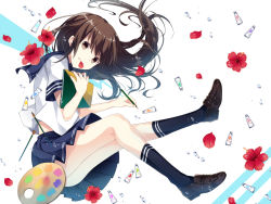 Rule 34 | 1girl, air bubble, blue skirt, blue socks, book, brown eyes, brown hair, brush, bubble, closed mouth, floating hair, flower, full body, hibiscus, holding, holding book, holding pencil, kneehighs, knees together feet apart, kusada souta, loafers, mouth hold, original, paint, paint tube, palette (object), pencil, petals, pleated skirt, red flower, school uniform, serafuku, shoes, sketchbook, skirt, socks, solo, thighs, underwater, white background