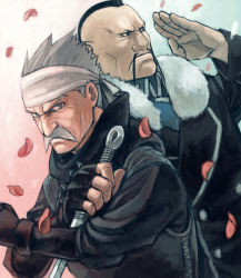 Rule 34 | 00s, 2boys, buccaneer (fma), facial hair, fighting stance, fingerless gloves, fu (fma), fullmetal alchemist, gloves, grey hair, headband, male focus, manly, mohawk, mukuo, multiple boys, mustache, old, old man, petals, salute, spiked hair, spoilers, weapon