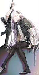 Rule 34 | 1girl, ak-alfa, ak-alfa (girls&#039; frontline), assault rifle, black legwear, commentary request, girls&#039; frontline, gun, headgear, highres, jacket, long hair, looking at viewer, open clothes, open jacket, rifle, sakippo (sakippo0), silver hair, sitting, solo, weapon, white background, yellow eyes