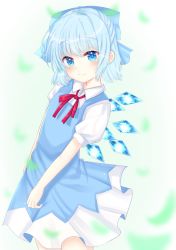 Rule 34 | 1girl, bad id, bad pixiv id, blouse, blue dress, blue eyes, blue hair, blue ribbon, blush, bow, cirno, closed mouth, commentary request, dress, dress shirt, hair between eyes, hair bow, ice, ice wings, looking at viewer, neck ribbon, neckwear request, nibosi, pinafore dress, puffy short sleeves, puffy sleeves, red ribbon, ribbon, shirt, short hair, short sleeves, sleeveless dress, smile, solo, standing, touhou, white shirt, wing collar, wings