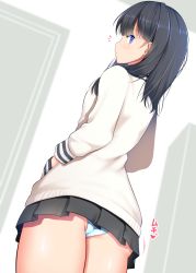 Rule 34 | 10s, 1girl, black hair, blue eyes, blue panties, cardigan, closed mouth, commentary request, gridman universe, hands in pockets, highres, long sleeves, looking at viewer, looking back, panties, short hair, solo, ssss.gridman, standing, takarada rikka, takeyuu, thighs, underwear, white cardigan