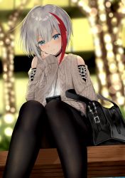 Rule 34 | 1girl, admiral graf spee (azur lane), admiral graf spee (peaceful daily life) (azur lane), aran sweater, azur lane, bag, black choker, black pantyhose, black skirt, blue eyes, blurry, blurry background, blush, cable knit, cellphone, choker, christmas, christmas lights, closed mouth, clothing cutout, commentary request, depth of field, feet out of frame, grey hair, grey sweater, hair between eyes, head rest, head tilt, highres, holding, holding phone, jewelry, kinokorec, knees together feet apart, light, long sleeves, looking at viewer, miniskirt, multicolored hair, pantyhose, phone, red hair, ring, short hair, shoulder bag, shoulder cutout, sidelocks, sitting, skirt, sleeves past wrists, smile, solo, streaked hair, sweater