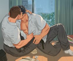 Rule 34 | 2boys, bara, belt, clothes pull, couple, dark-skinned male, dark skin, grey pants, hand on another&#039;s neck, kiss, lying, male focus, multiple boys, muscular, muscular male, on side, open belt, open clothes, open shirt, original, pants, pectoral cleavage, pectorals, pulling another&#039;s clothes, rain, shirt, shirt pull, short hair, sideburns, socks, white shirt, yaoi, youchi123