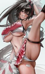 Rule 34 | 1girl, absurdres, ahoge, armpits, bay (nikke), black eyes, black hair, blush, breasts, cheerleader, collar, crop top, dark-skinned female, dark skin, facial tattoo, flexible, goddess of victory: nikke, grin, hair intakes, hairband, highres, kiri iam, large breasts, leg lift, leg up, long hair, mole, mole on breast, mole on stomach, mole under mouth, multicolored hair, partially visible vulva, pom pom (cheerleading), ponytail, red hair, red shirt, red skirt, shirt, skirt, smile, solo, spiked collar, spikes, split, standing, standing on one leg, standing split, star tattoo, streaked hair, sweat, tan, tanline, tattoo, thigh strap, underboob